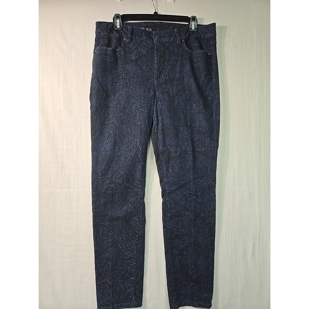 Talbots Jeans Heritage Slim Ankle Women's‎ Size 12 Dark Wash Leave Print Stretch